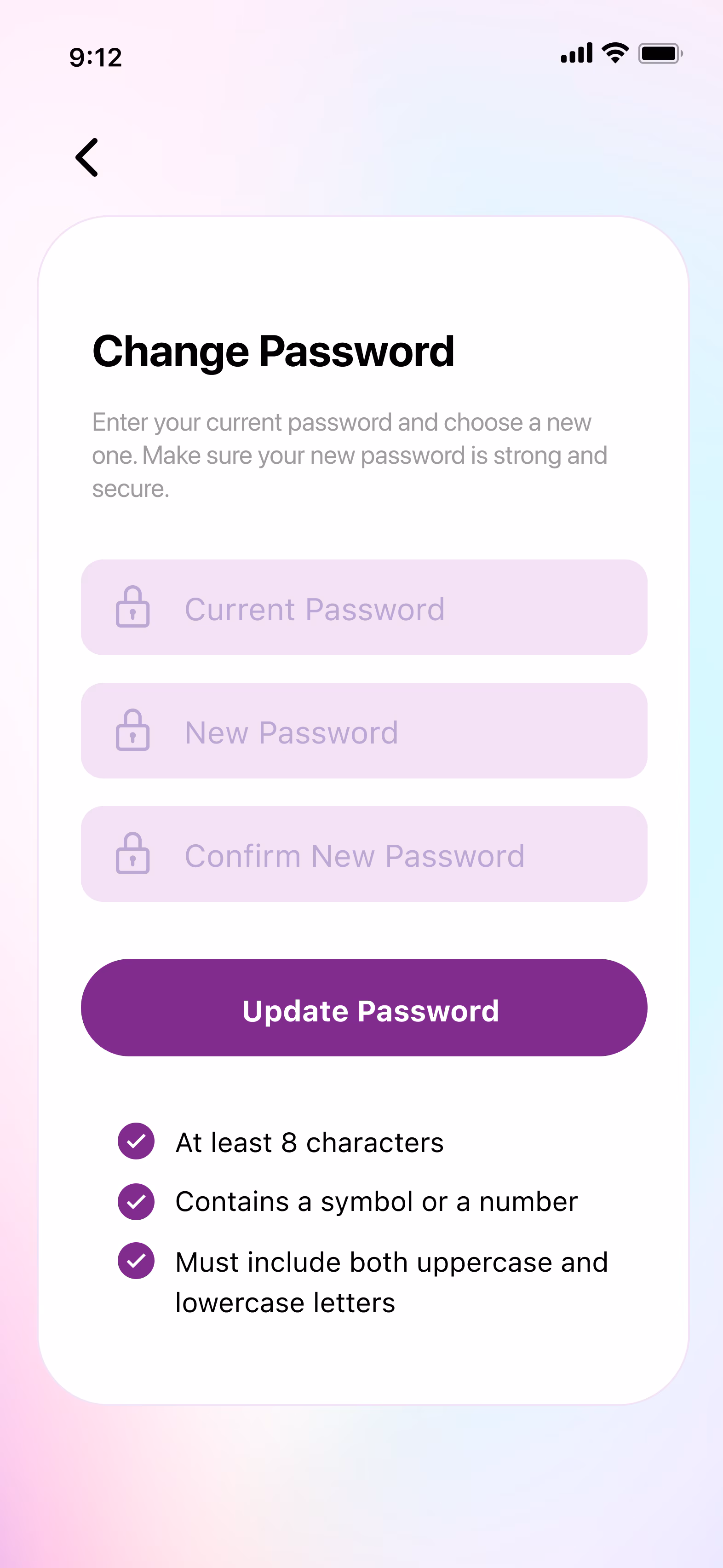 Daily Angel change password screen